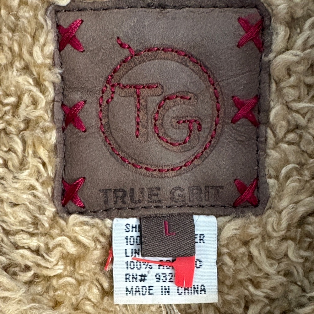 Vintage Y2K True Grit Tan Real Leather‎ Faux Shearling Toggle Button Vest Medium - Picture 5 of 8